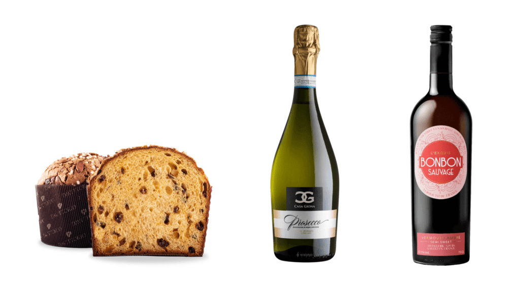 Coffret italien pour les fêtes avec le Panettone de Da Vittorio, une bouteille de Prosecco et une bouteil de vermouth ambré